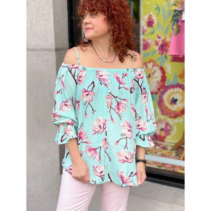 Apparel * | Charlie Paige Aqua Magnolia Print Top