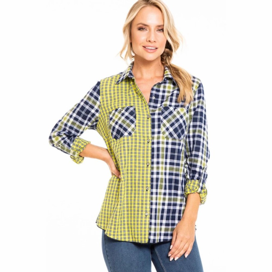 Apparel * | Multiples Long Sleeve Button-Up Patchwork Blouse