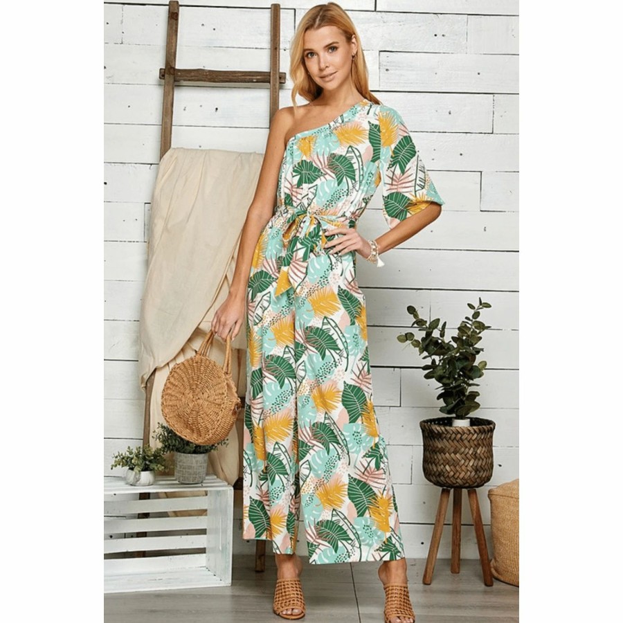 Apparel * | Twisted Sisters! Palm Print One-Shoulder Jumpsuit