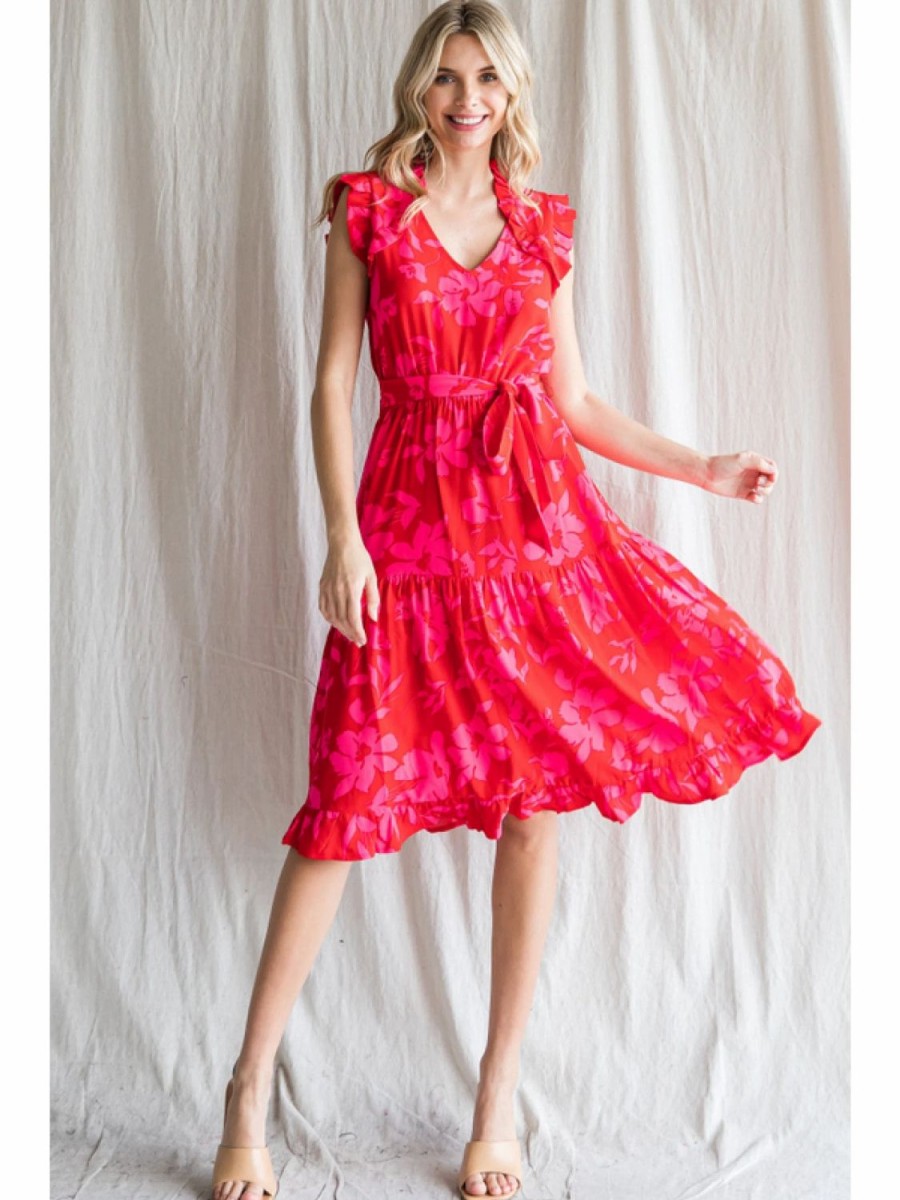 Apparel * | Jodifl Flower Print V-Neck Midi Dress Red Mix