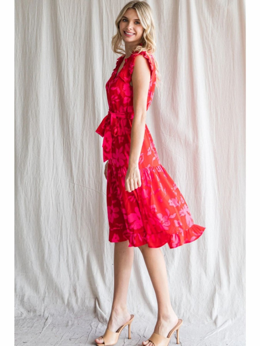 Apparel * | Jodifl Flower Print V-Neck Midi Dress Red Mix