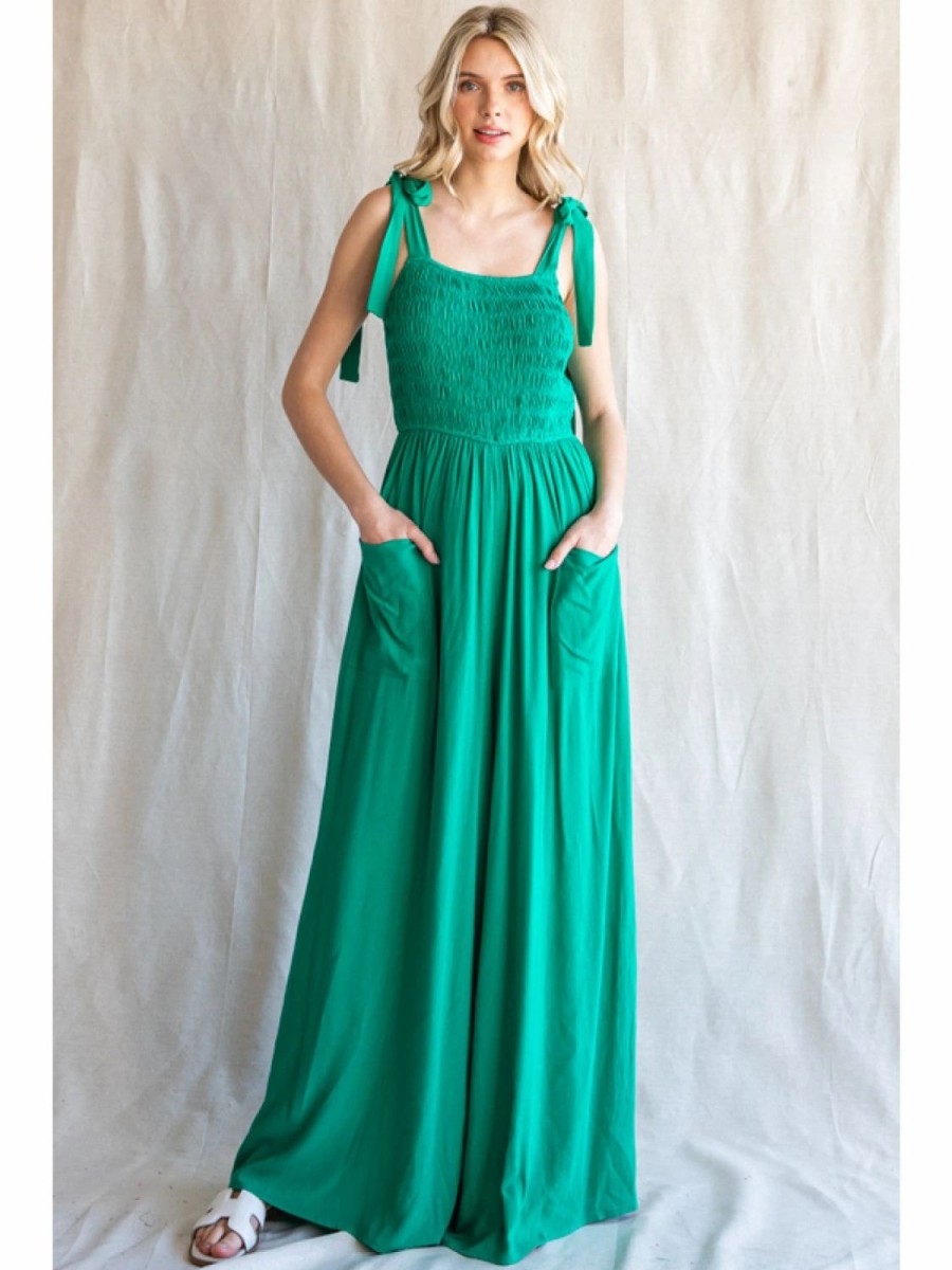 Apparel * | Jodifl Bow Tie Smocked Bodice Jumpsuit Kelly Green