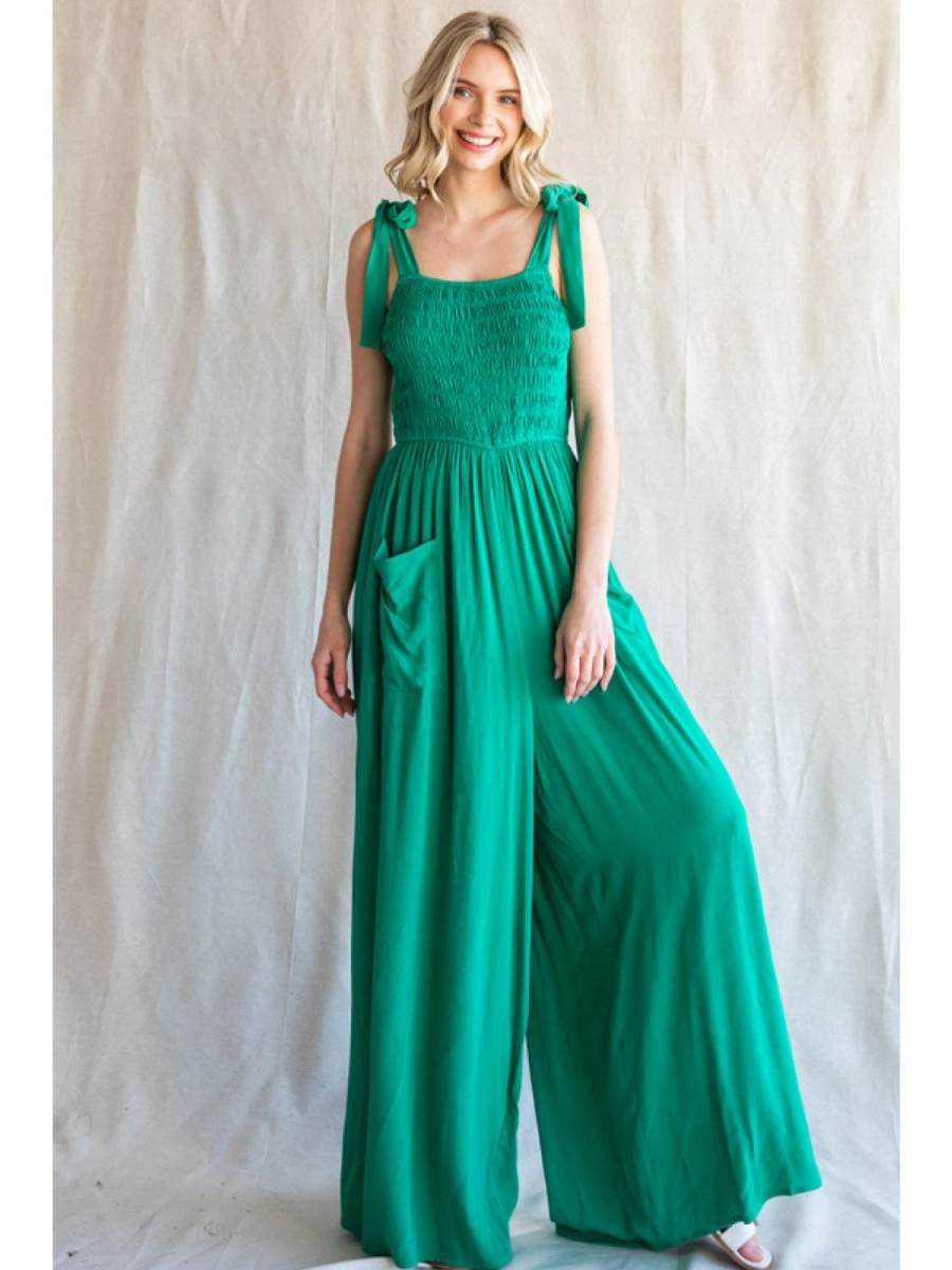 Apparel * | Jodifl Bow Tie Smocked Bodice Jumpsuit Kelly Green