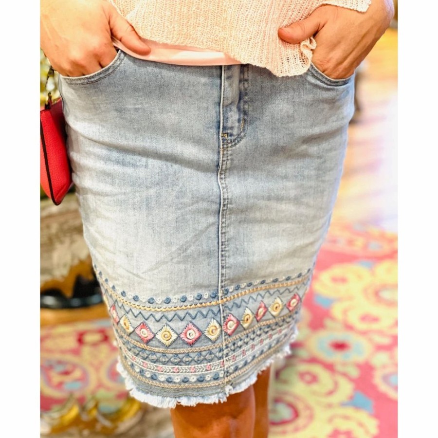 Apparel * | Charlie B Embroidered Diamond Denim Skirt