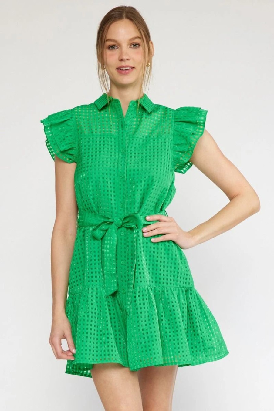 Apparel * | Entro Sheer Grid Collared Button Up Tiered Mini Dress Green