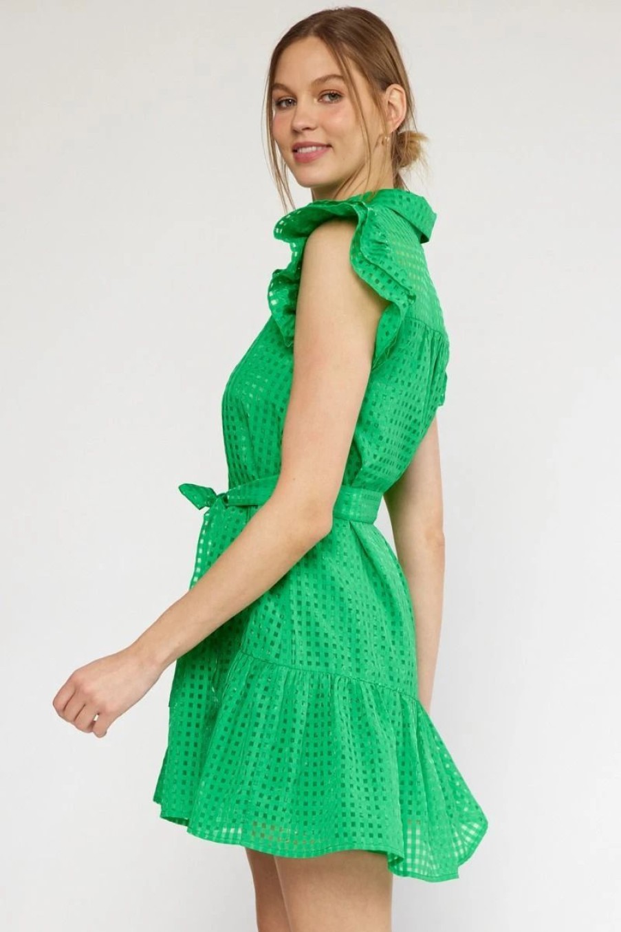 Apparel * | Entro Sheer Grid Collared Button Up Tiered Mini Dress Green