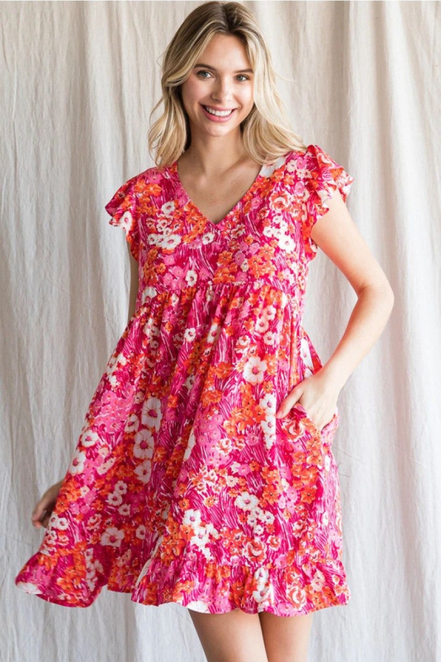 Apparel * | Jodifl Ruffle Sleeve Flower Dress Pink