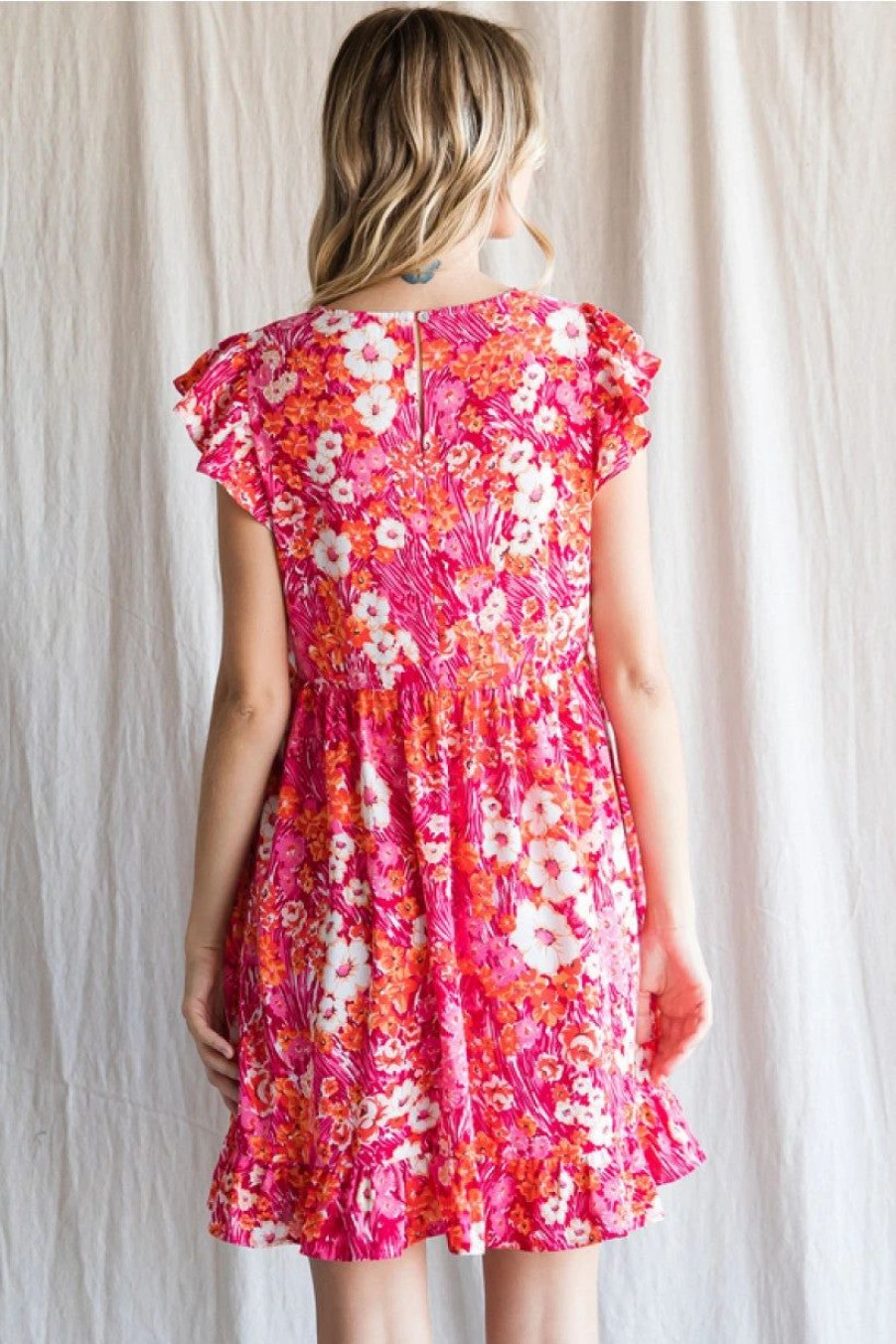 Apparel * | Jodifl Ruffle Sleeve Flower Dress Pink