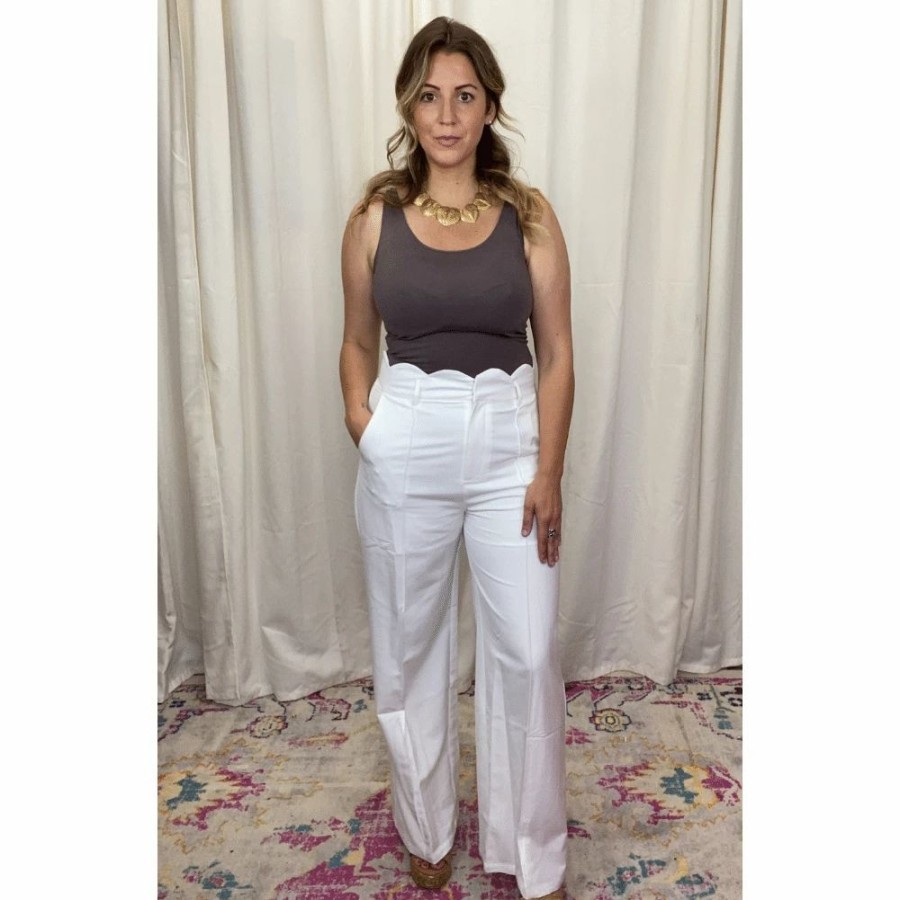 Apparel * | Fore Scalloped Waist Pintucked White Trousers