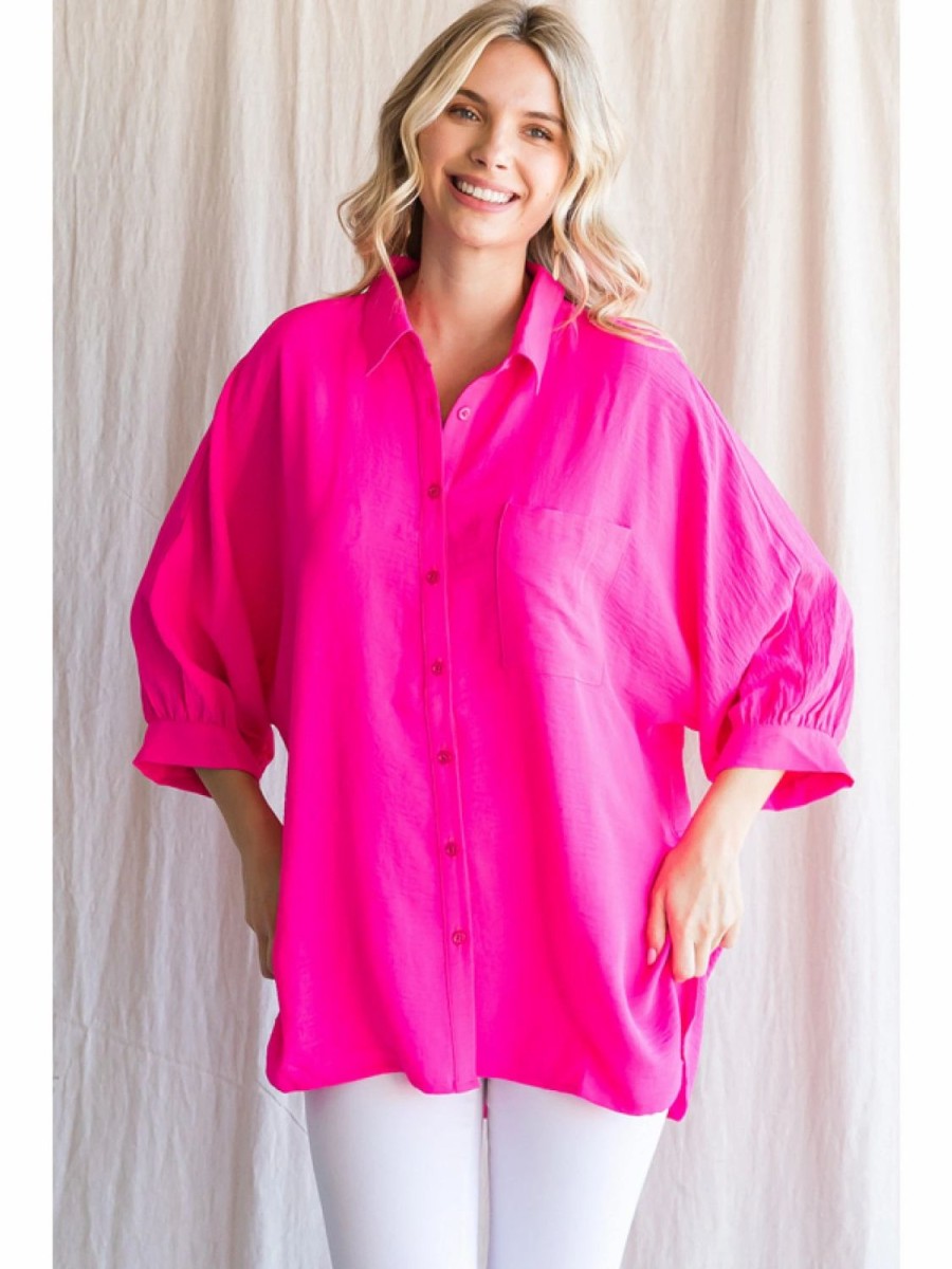 Apparel * | Jodifl Collared Button Front Top Hot Pink