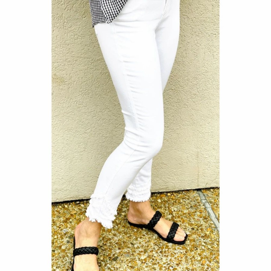 Apparel * | Charlie B White Ankle Jeans With Cutoff Ruffle Hem