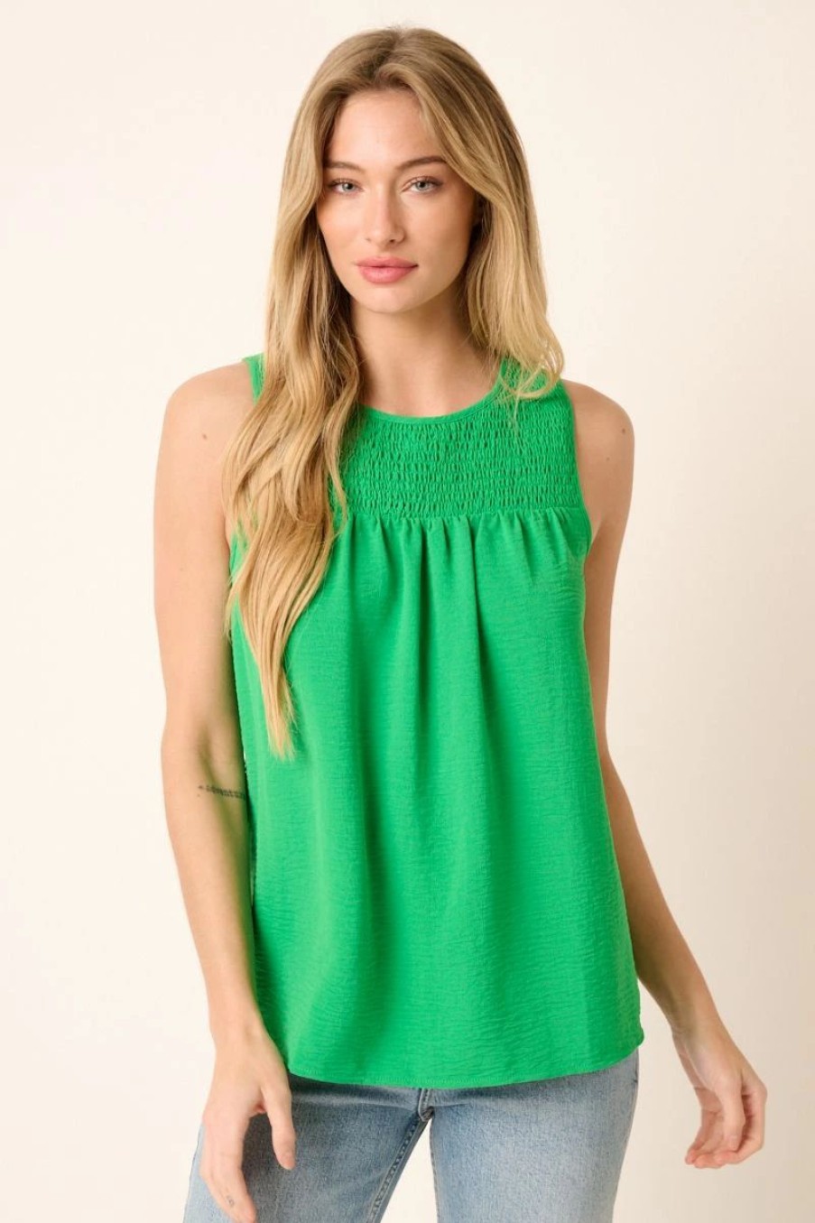 Apparel * | Mittoshop Airflow Smocked Yoke Sleeveless Blouse Kelly Green