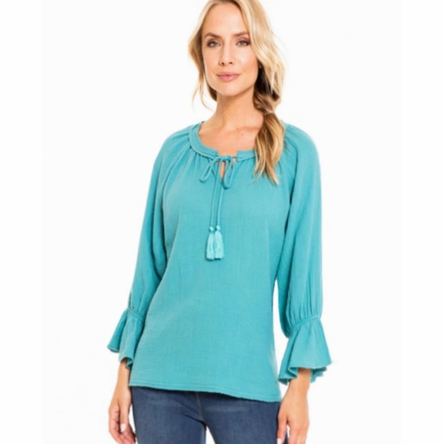 Apparel * | Twisted Sisters! Raglan Sleeve Tie Neck Peasant Blouse