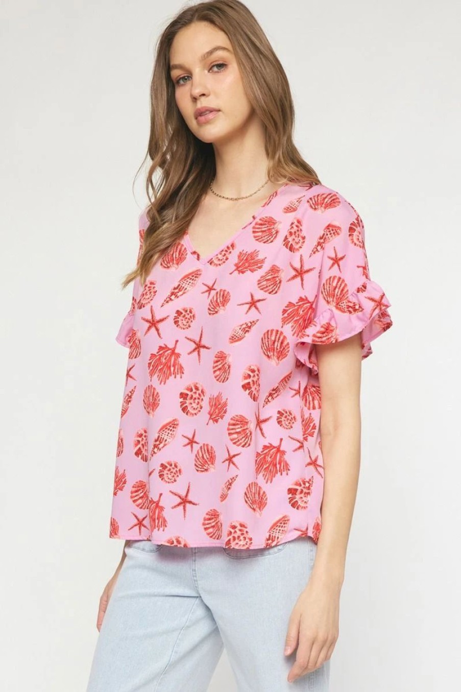 Apparel * | Entro Sea Shell V-Neck Short Sleeve Top Pink