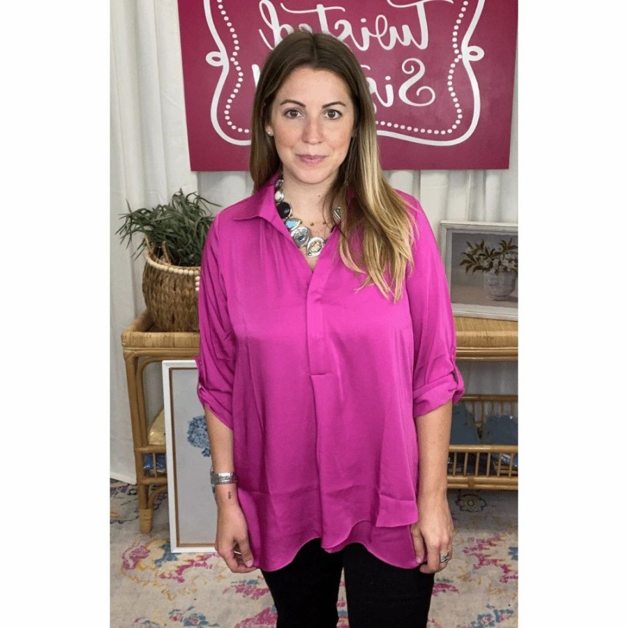 Apparel * | Twisted Sisters! Silky V-Neck Tab Sleeve Blouse Raspberry