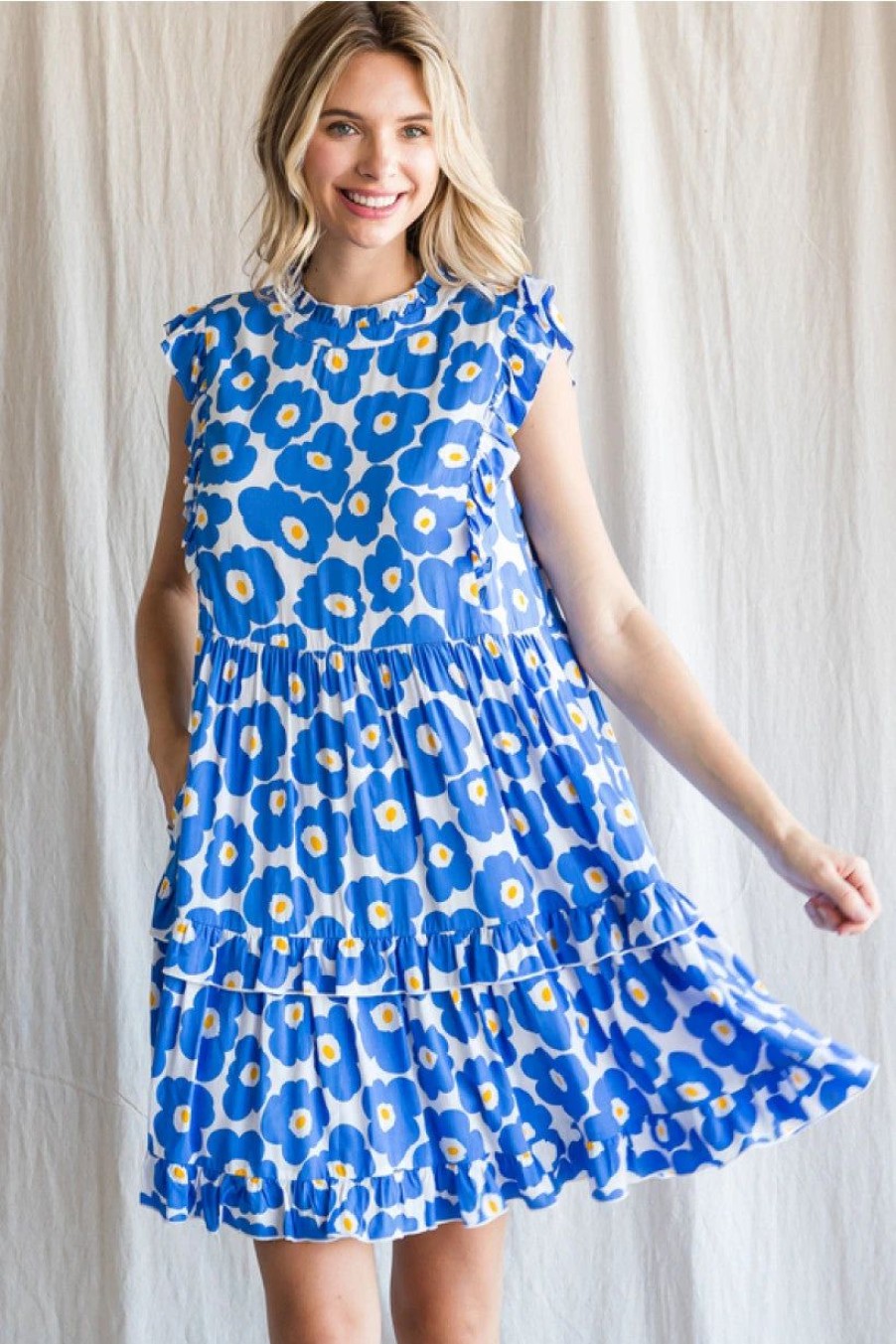 Apparel * | Jodifl Frilled Neck Flower Dress Blue