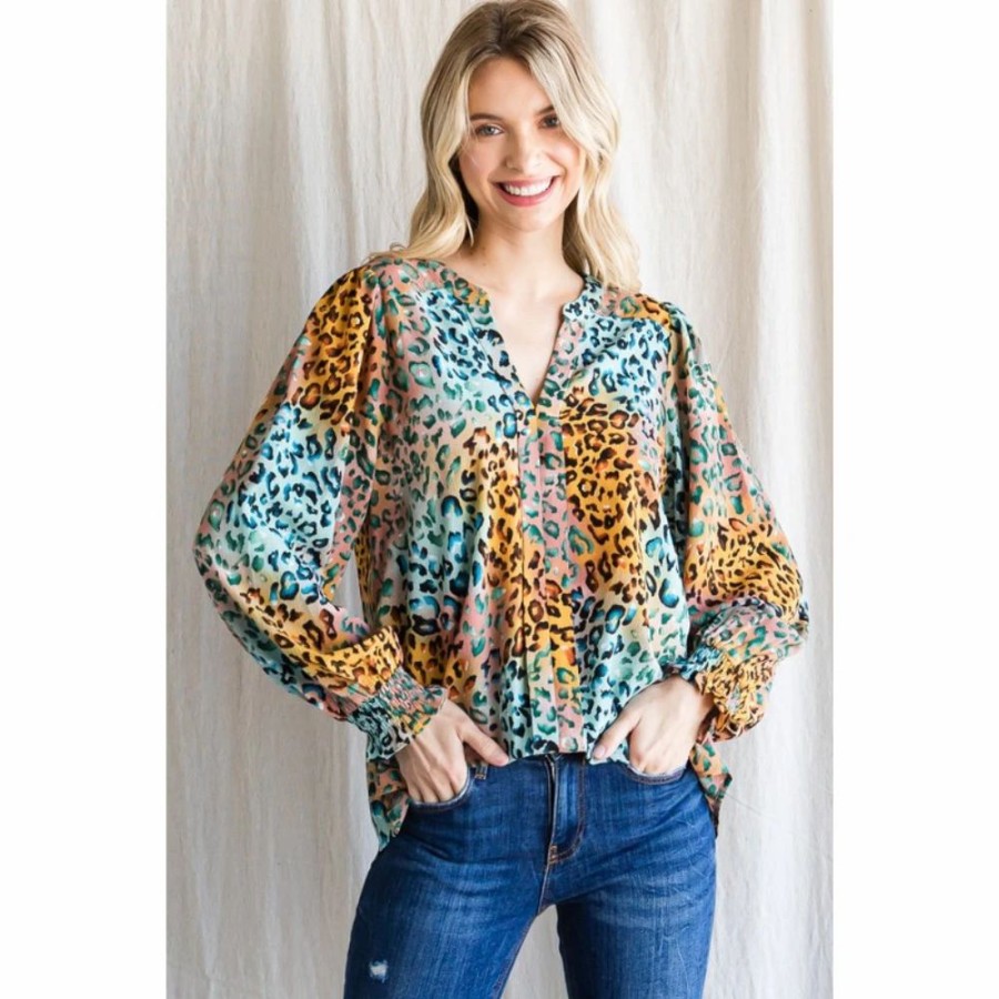 Apparel * | Jodifl Leopard Print Open Fold Long Sleeve Top