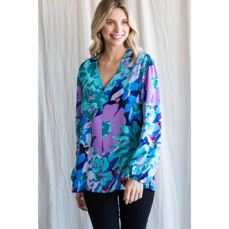 Apparel * | Jodifl Floral Print Long Bubble Sleeve Top