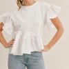 Apparel * | Mable Asymmetrical Ruffle Sleeve Peplum Top Off White