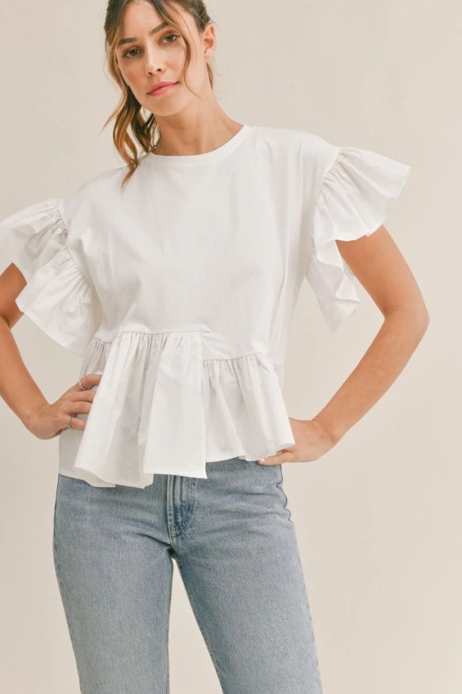 Apparel * | Mable Asymmetrical Ruffle Sleeve Peplum Top Off White