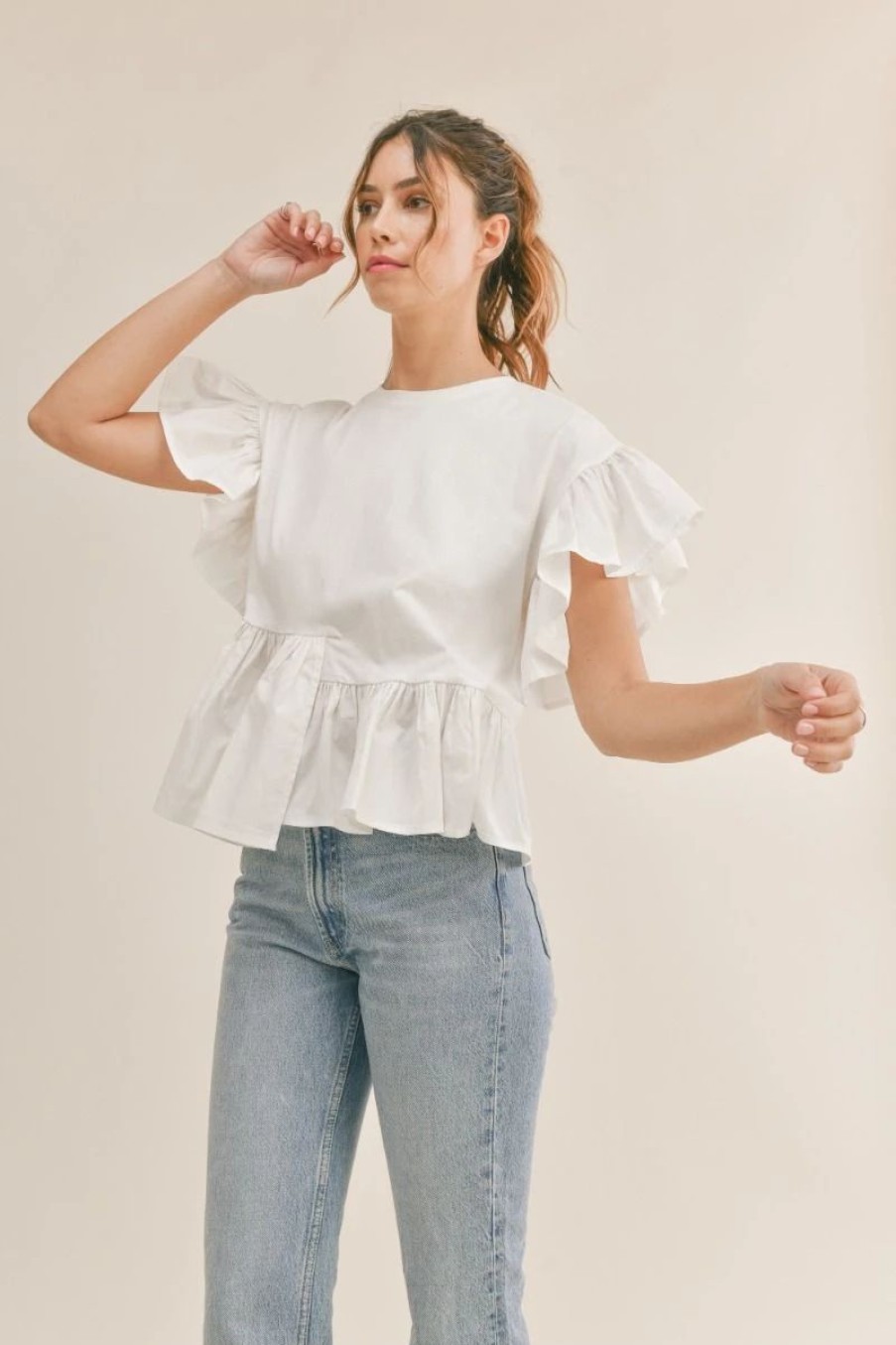 Apparel * | Mable Asymmetrical Ruffle Sleeve Peplum Top Off White