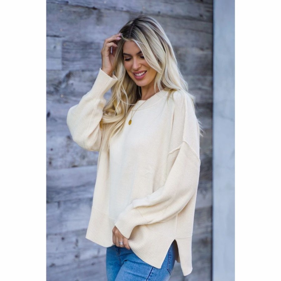 Apparel * | Lavendar J Ivory Drop Shoulder Sweater