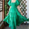 Apparel * | First Love Square Neck Puff Sleeve Tiered Midi Dress Kelly Green