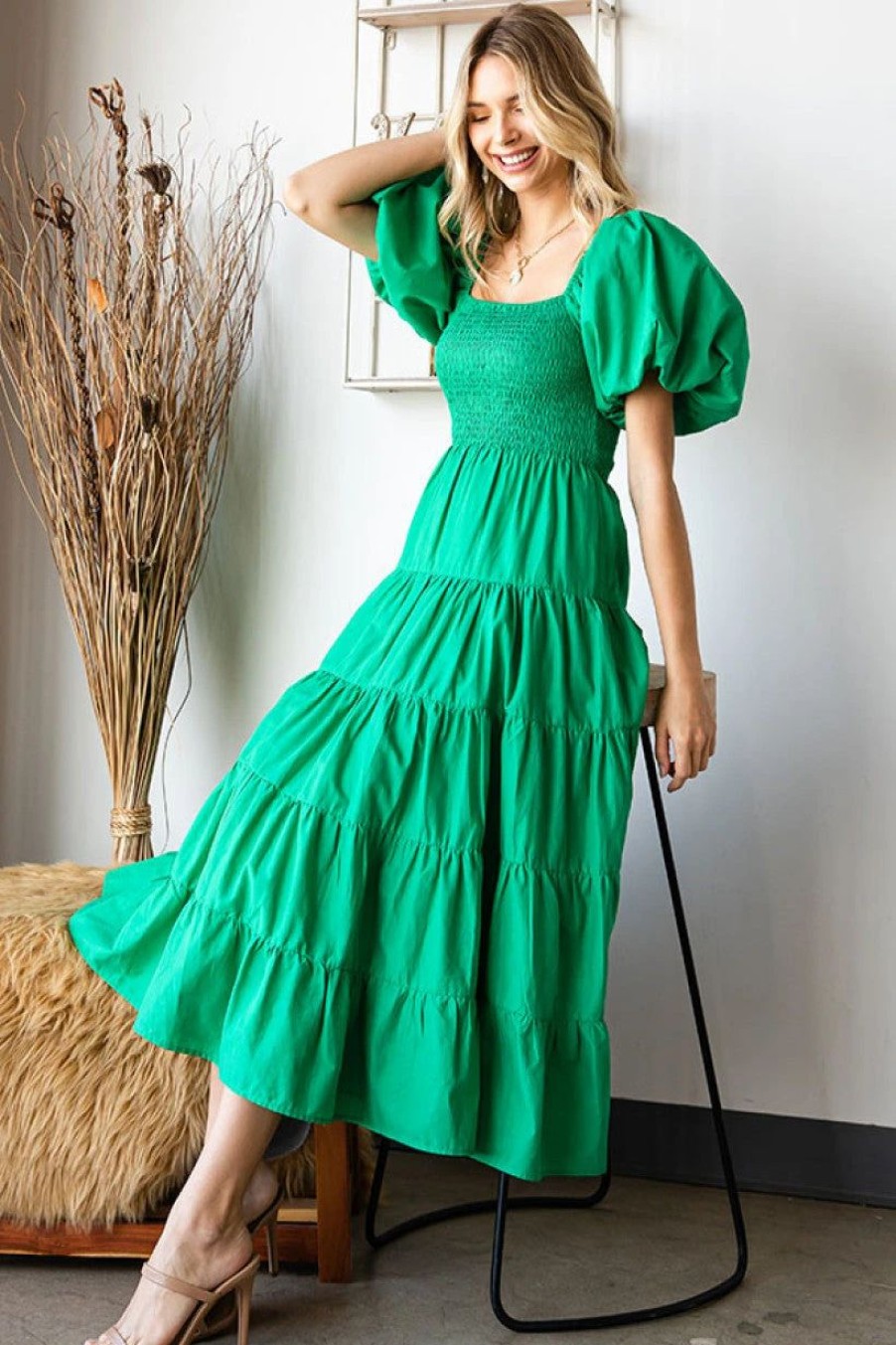 Apparel * | First Love Square Neck Puff Sleeve Tiered Midi Dress Kelly Green