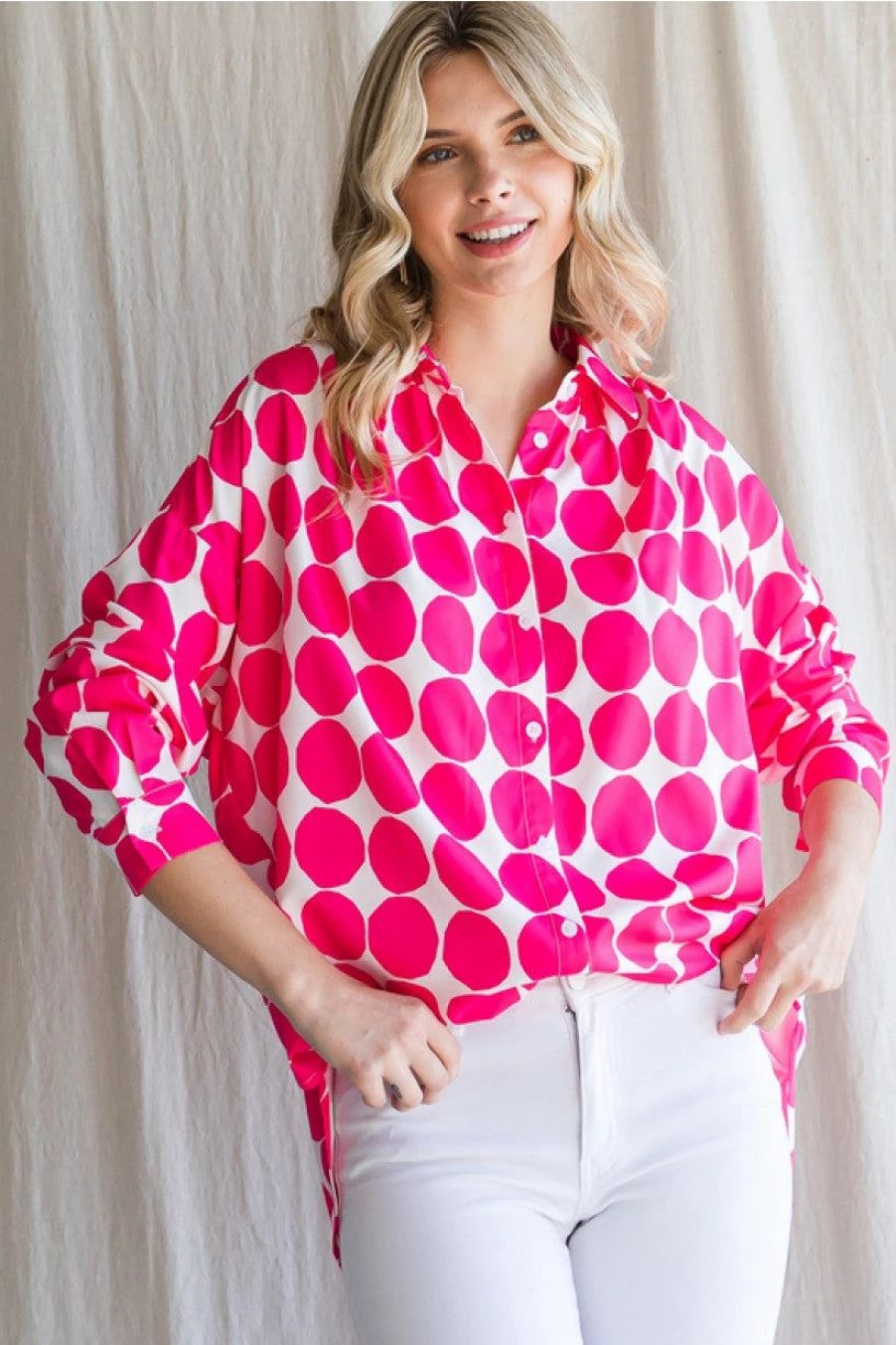 Apparel * | Jodifl Dot Pattern Print Long Sleeve Shirt Hot Pink