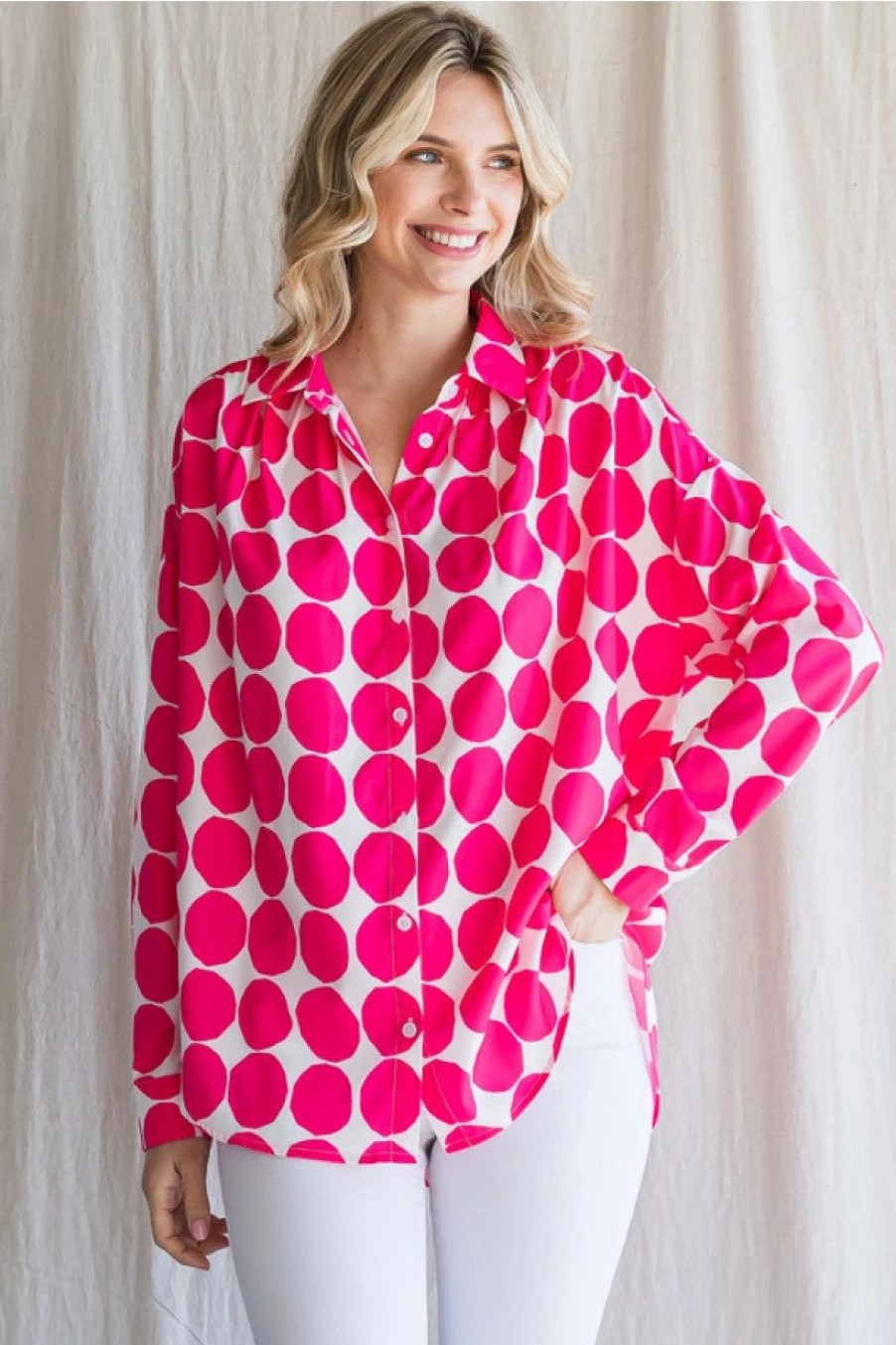 Apparel * | Jodifl Dot Pattern Print Long Sleeve Shirt Hot Pink