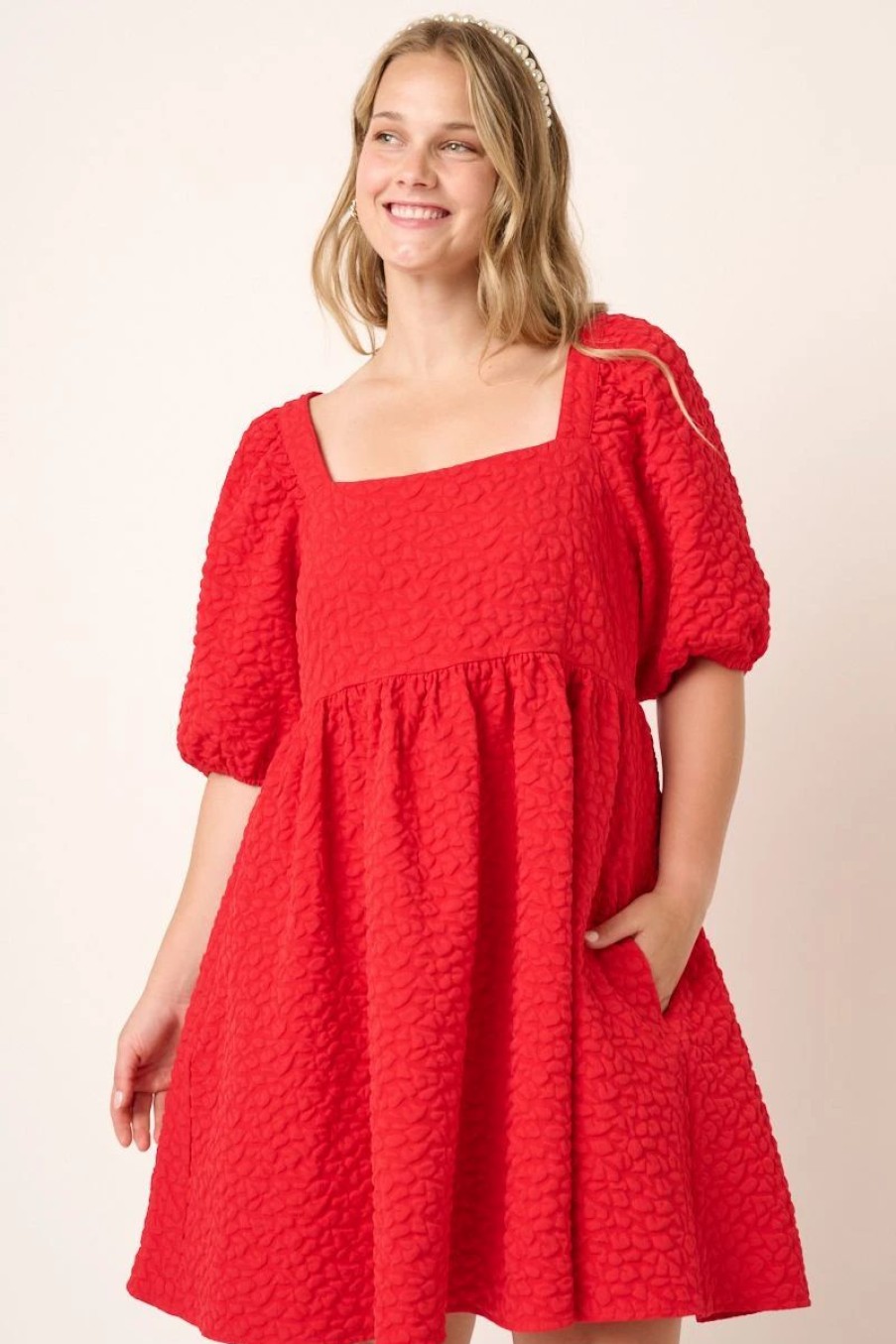 Apparel * | Mittoshop Texture Jacquard Baby Doll Dress Red