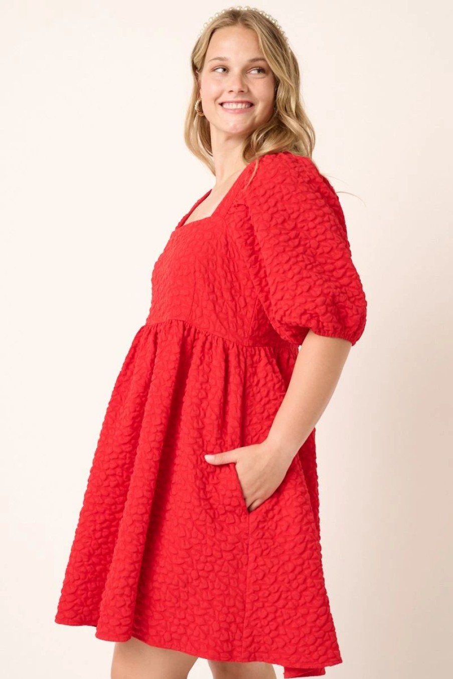 Apparel * | Mittoshop Texture Jacquard Baby Doll Dress Red