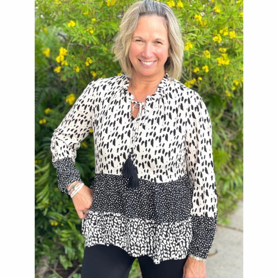 Apparel * | Tribal Mixed Media Black & Creme Blouse