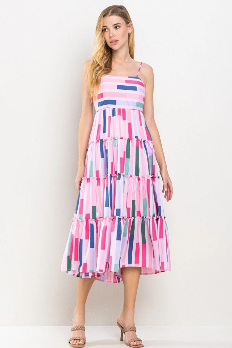 Apparel * | Pretty Follies Striped Design Tiered Spaghetti Strap Dress Pink