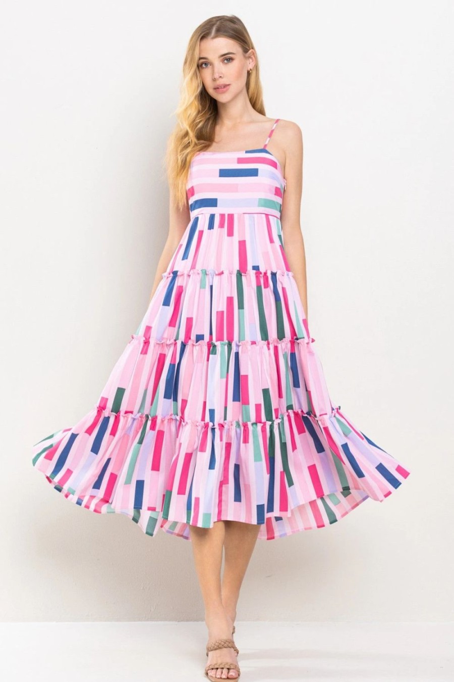 Apparel * | Pretty Follies Striped Design Tiered Spaghetti Strap Dress Pink