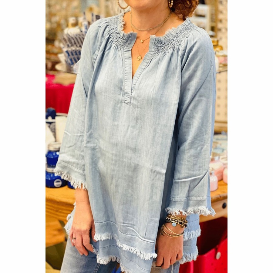 Apparel * | Apny Smocked Tunic With Frayed Edges